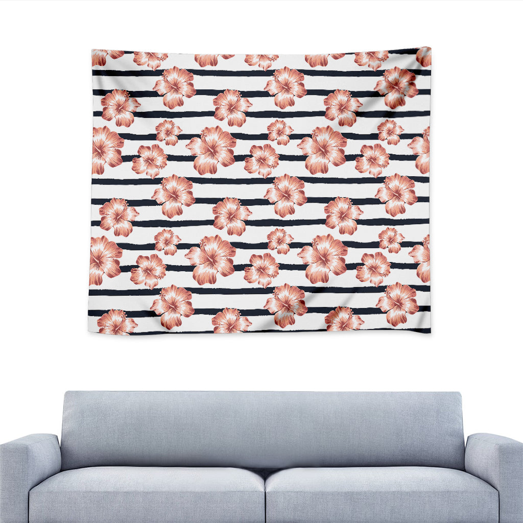 Pink Hibiscus Striped Pattern Print Tapestry