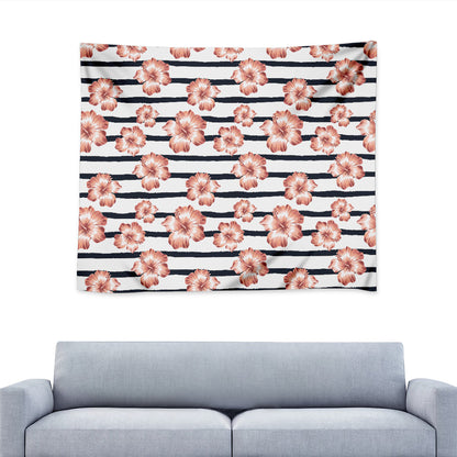 Pink Hibiscus Striped Pattern Print Tapestry