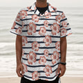 Pink Hibiscus Striped Pattern Print Textured Short Sleeve Shirt