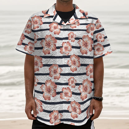 Pink Hibiscus Striped Pattern Print Textured Short Sleeve Shirt
