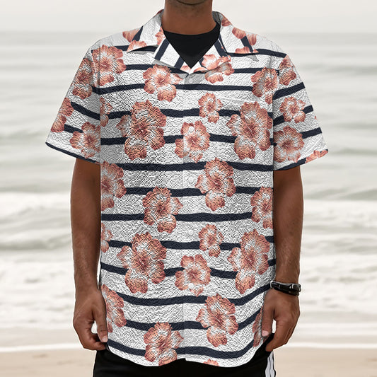 Pink Hibiscus Striped Pattern Print Textured Short Sleeve Shirt
