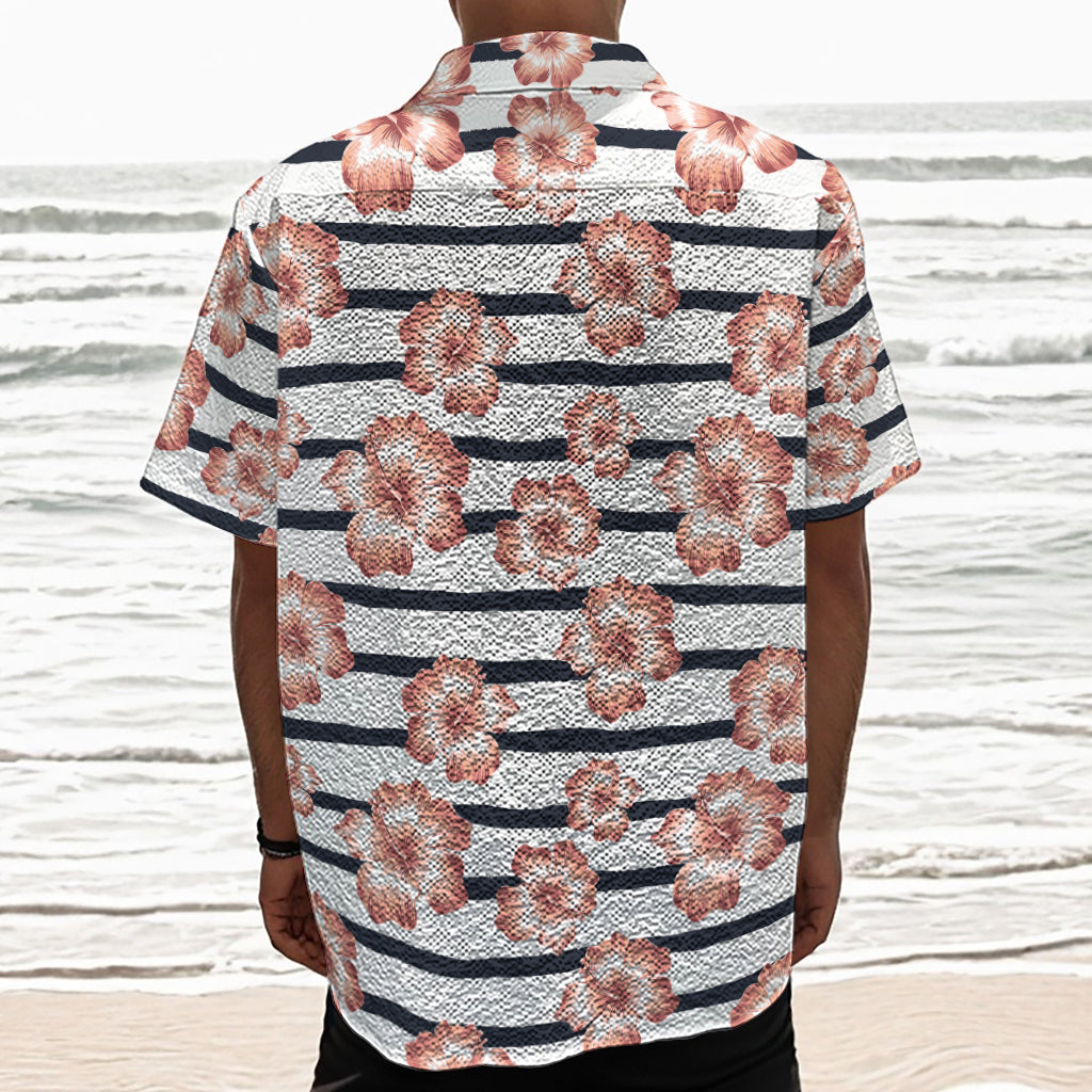 Pink Hibiscus Striped Pattern Print Textured Short Sleeve Shirt