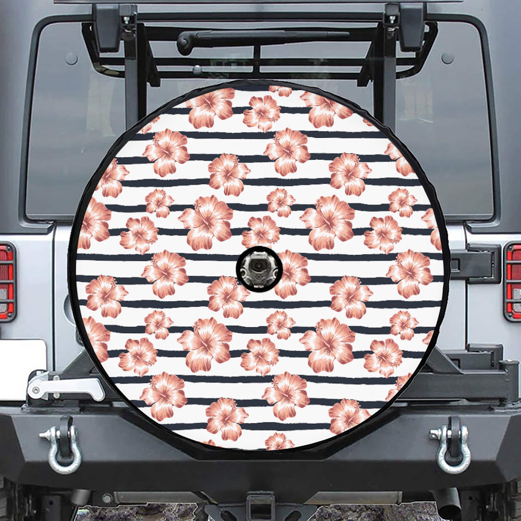 Pink Hibiscus Striped Pattern Print Tire Cover With Camera Hole