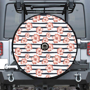 Pink Hibiscus Striped Pattern Print Tire Cover With Camera Hole