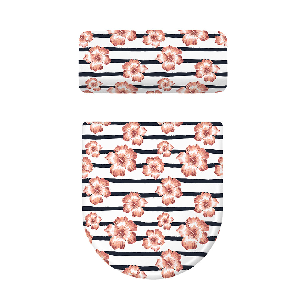 Pink Hibiscus Striped Pattern Print Toilet Lid And Tank Cover Set