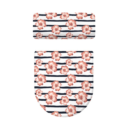 Pink Hibiscus Striped Pattern Print Toilet Lid And Tank Cover Set
