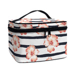 Pink Hibiscus Striped Pattern Print Travel Makeup Bag