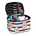 Pink Hibiscus Striped Pattern Print Travel Makeup Bag