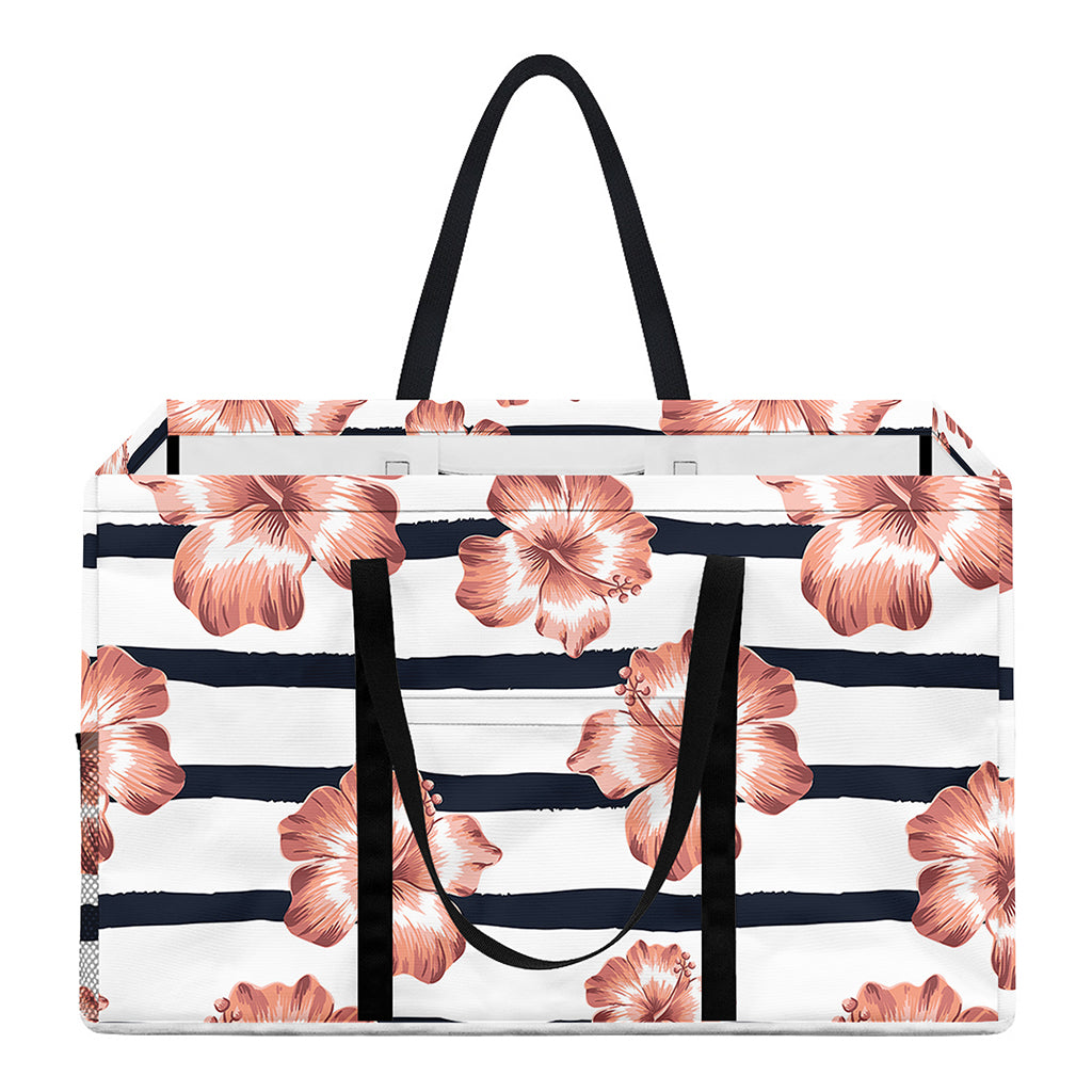 Pink Hibiscus Striped Pattern Print Utility Tote Bag