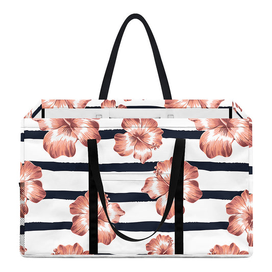 Pink Hibiscus Striped Pattern Print Utility Tote Bag