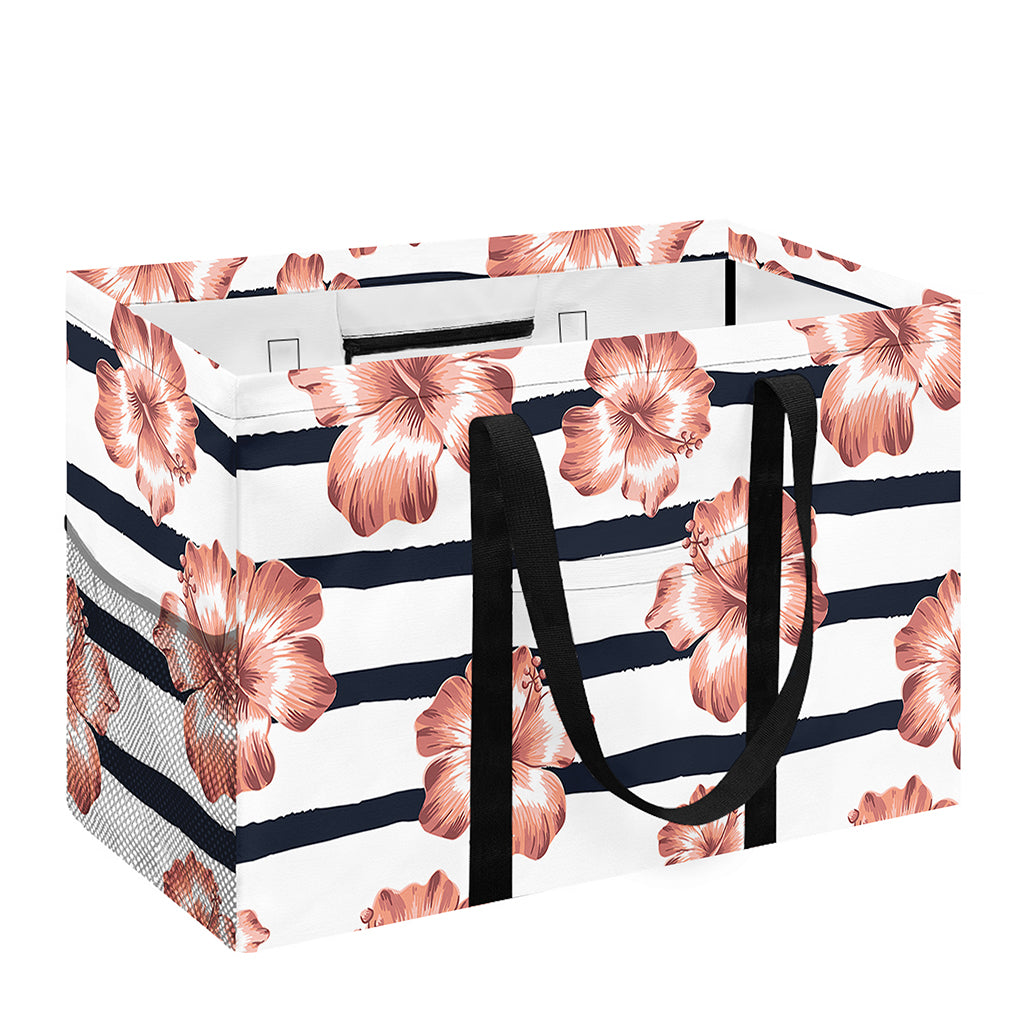 Pink Hibiscus Striped Pattern Print Utility Tote Bag