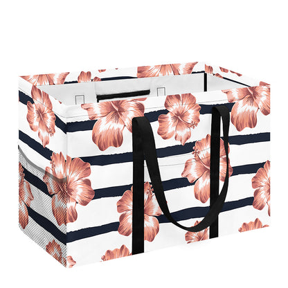 Pink Hibiscus Striped Pattern Print Utility Tote Bag
