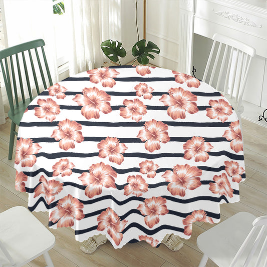 Pink Hibiscus Striped Pattern Print Waterproof Round Tablecloth