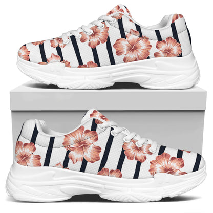 Pink Hibiscus Striped Pattern Print White Chunky Shoes