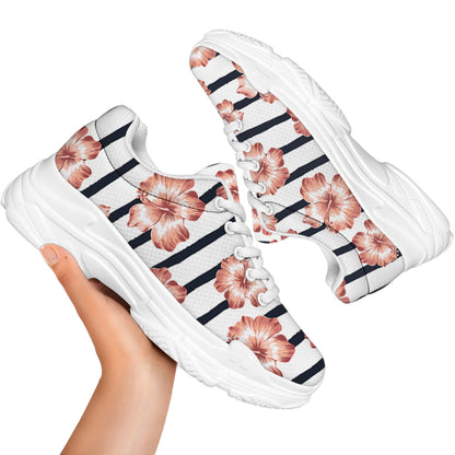 Pink Hibiscus Striped Pattern Print White Chunky Shoes
