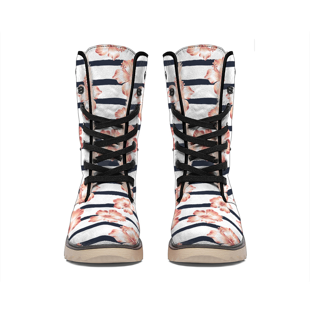 Pink Hibiscus Striped Pattern Print Winter Boots