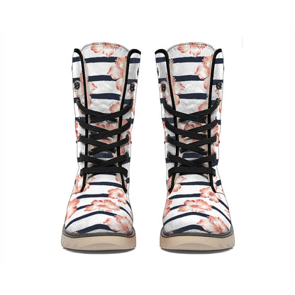 Pink Hibiscus Striped Pattern Print Winter Boots