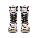 Pink Hibiscus Striped Pattern Print Winter Boots