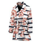 Pink Hibiscus Striped Pattern Print Women's Bathrobe