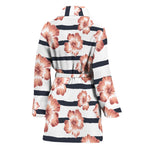 Pink Hibiscus Striped Pattern Print Women's Bathrobe