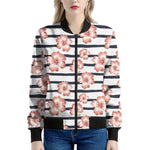 Pink Hibiscus Striped Pattern Print Women's Bomber Jacket