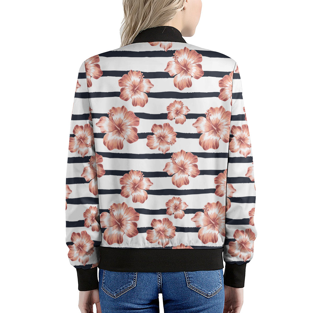 Pink Hibiscus Striped Pattern Print Women's Bomber Jacket