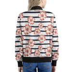 Pink Hibiscus Striped Pattern Print Women's Bomber Jacket