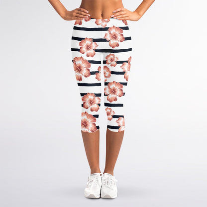 Pink Hibiscus Striped Pattern Print Women's Capri Leggings