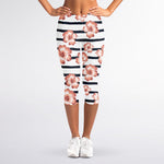 Pink Hibiscus Striped Pattern Print Women's Capri Leggings