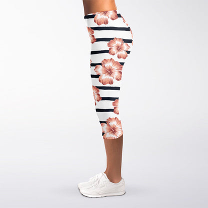 Pink Hibiscus Striped Pattern Print Women's Capri Leggings