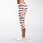 Pink Hibiscus Striped Pattern Print Women's Capri Leggings