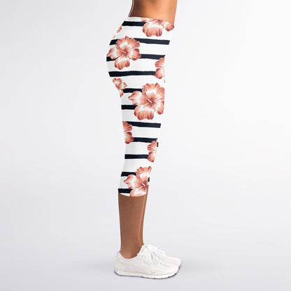 Pink Hibiscus Striped Pattern Print Women's Capri Leggings