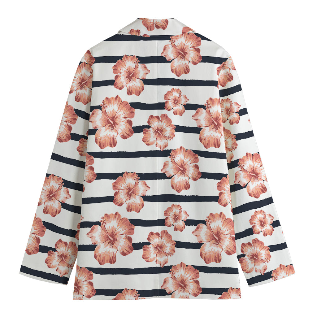 Pink Hibiscus Striped Pattern Print Women's Cotton Blazer