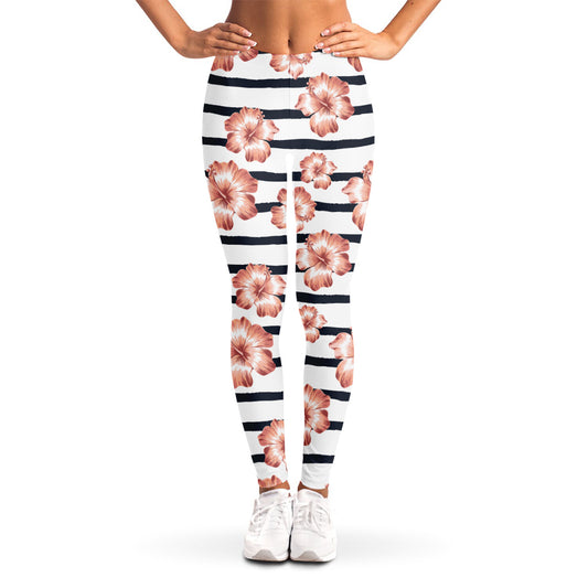 Pink Hibiscus Striped Pattern Print Women's Leggings