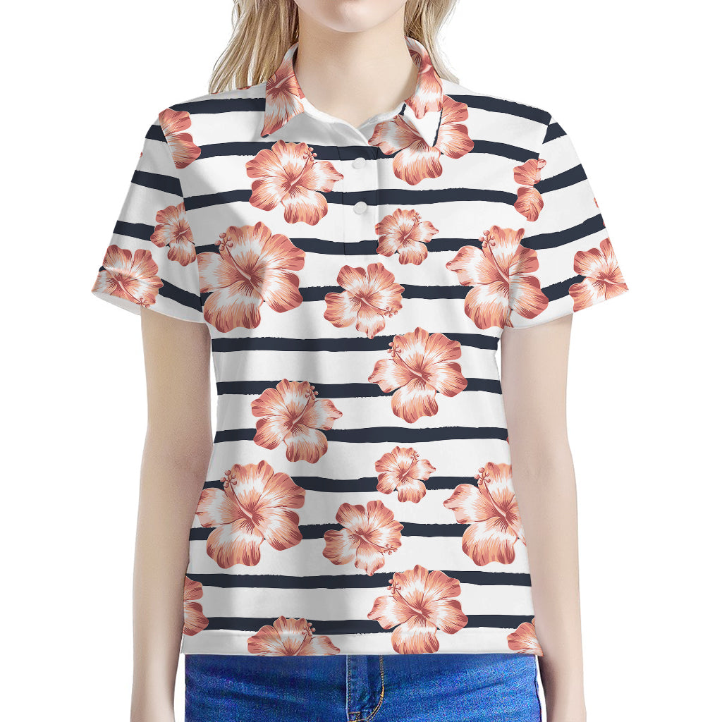 Pink Hibiscus Striped Pattern Print Women's Polo Shirt