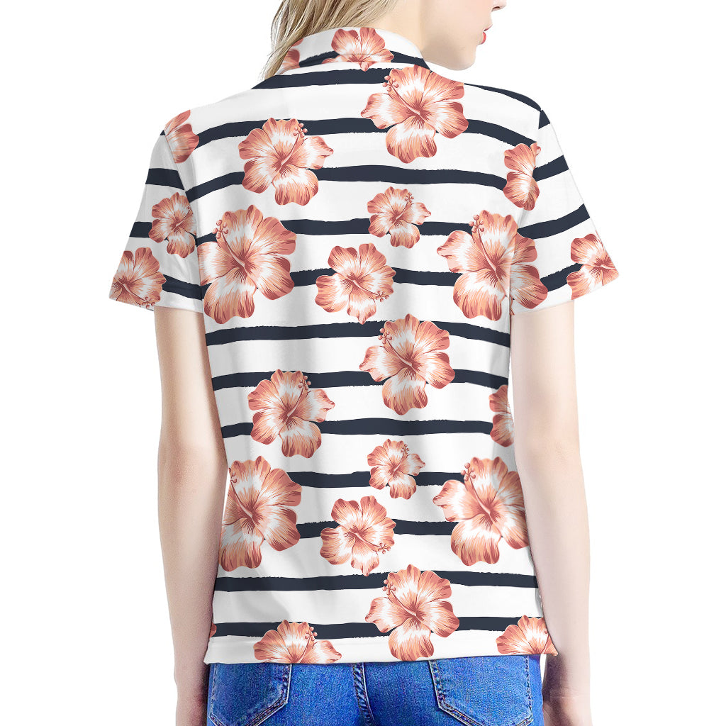 Pink Hibiscus Striped Pattern Print Women's Polo Shirt