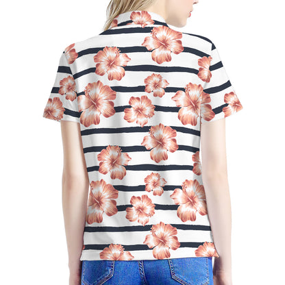 Pink Hibiscus Striped Pattern Print Women's Polo Shirt