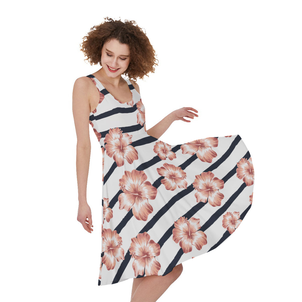 Pink Hibiscus Striped Pattern Print Women's Sleeveless Dress