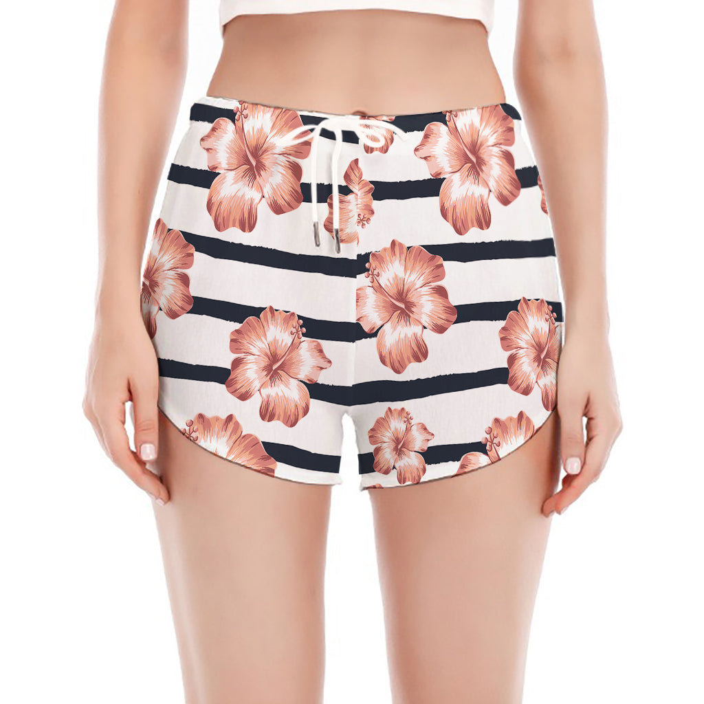 Pink Hibiscus Striped Pattern Print Women's Split Running Shorts