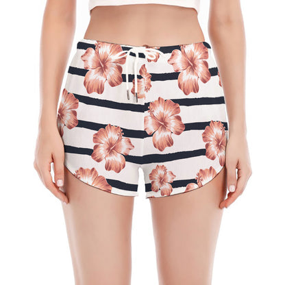 Pink Hibiscus Striped Pattern Print Women's Split Running Shorts