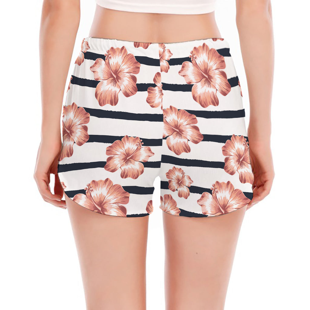 Pink Hibiscus Striped Pattern Print Women's Split Running Shorts