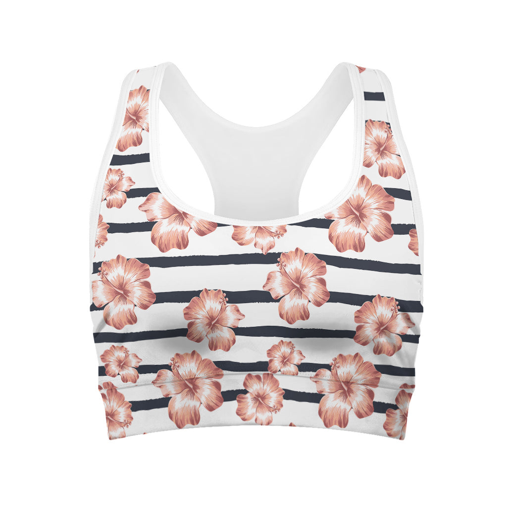 Pink Hibiscus Striped Pattern Print Women's Sports Bra