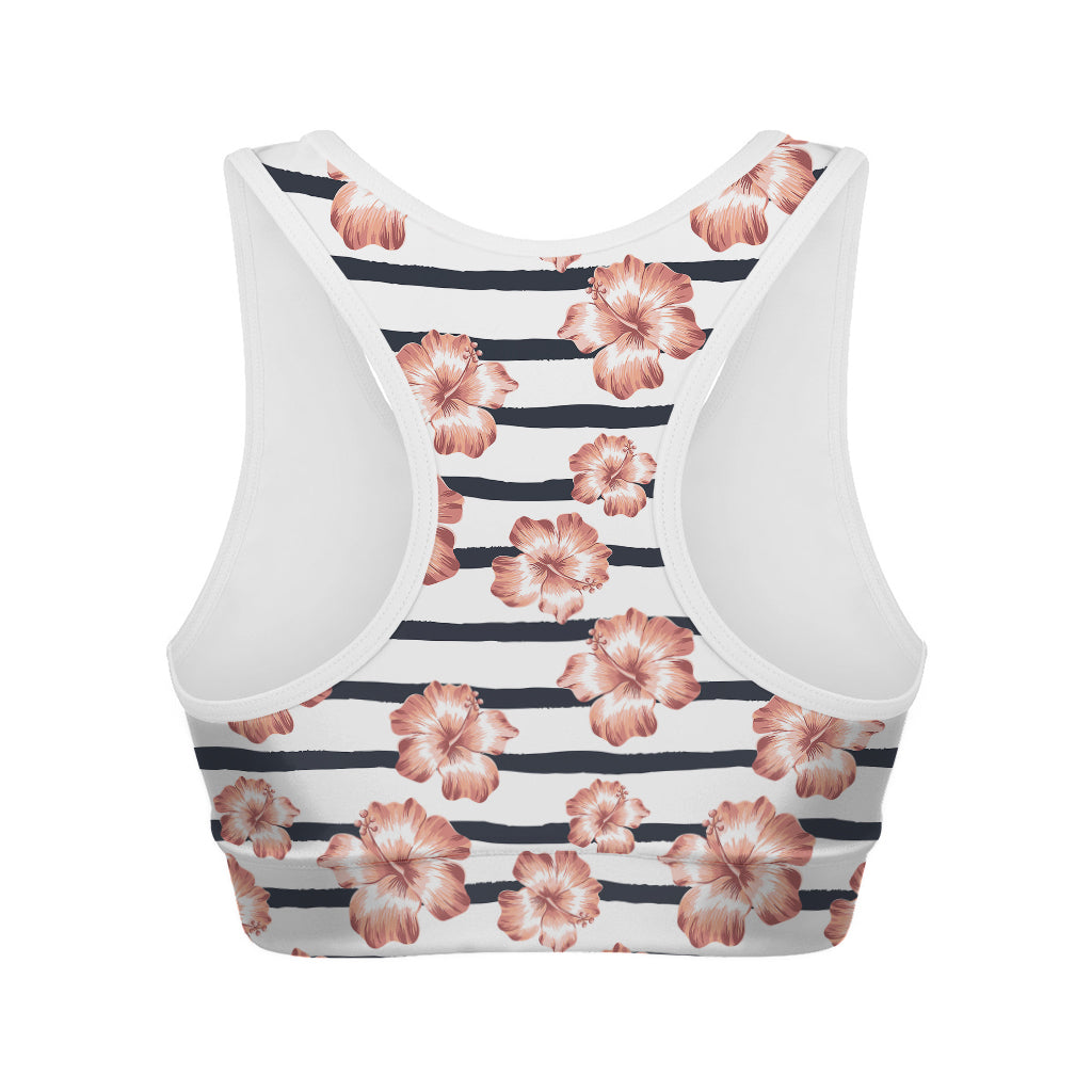 Pink Hibiscus Striped Pattern Print Women's Sports Bra