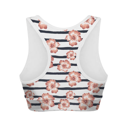 Pink Hibiscus Striped Pattern Print Women's Sports Bra