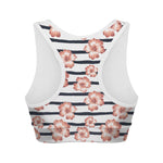 Pink Hibiscus Striped Pattern Print Women's Sports Bra