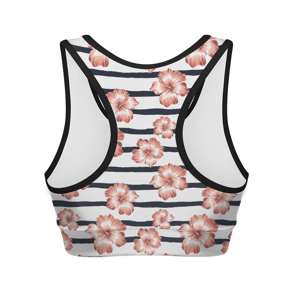 Pink Hibiscus Striped Pattern Print Women's Sports Bra