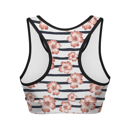 Pink Hibiscus Striped Pattern Print Women's Sports Bra