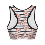 Pink Hibiscus Striped Pattern Print Women's Sports Bra