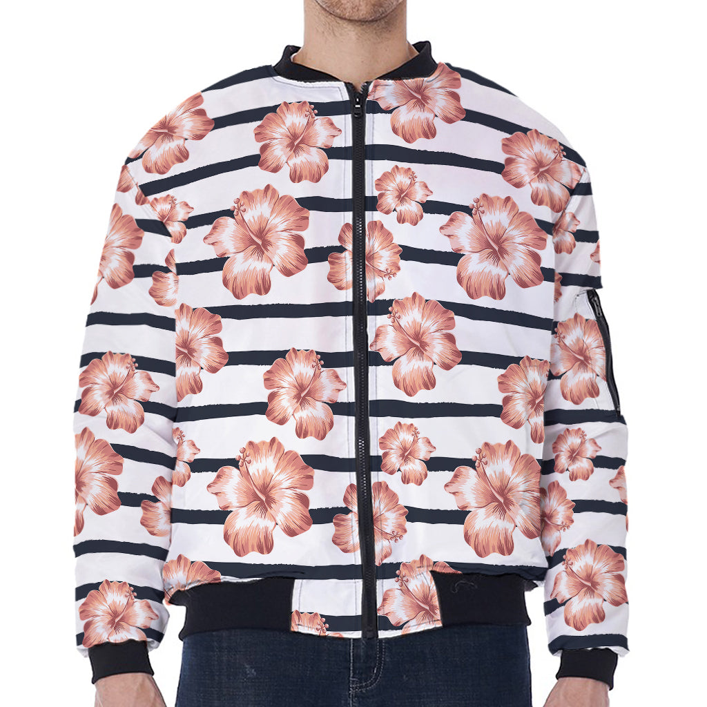 Pink Hibiscus Striped Pattern Print Zip Sleeve Bomber Jacket