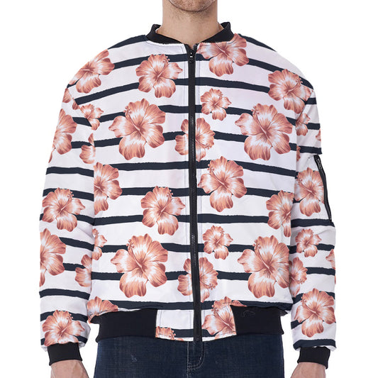 Pink Hibiscus Striped Pattern Print Zip Sleeve Bomber Jacket